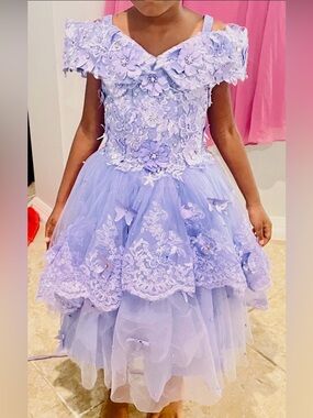 Kids Lilac Floral Appliqué Tulle Party Dress Sz 4-5T